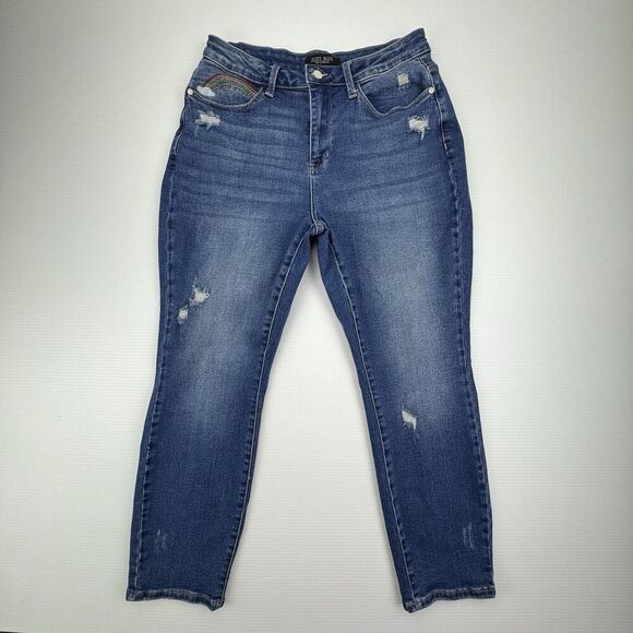 Judy Blue Jeans Womens 14W Straight with Rainbow Embroidered Pocket Distressed - Picture 2 of 11